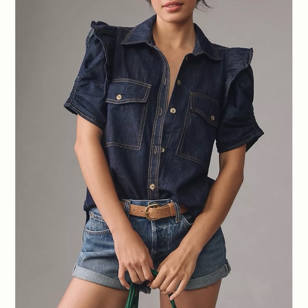 Anthropologie Pilcro The Ozzi Ruffle Sleeve Buttondown Denim Shirt Medium